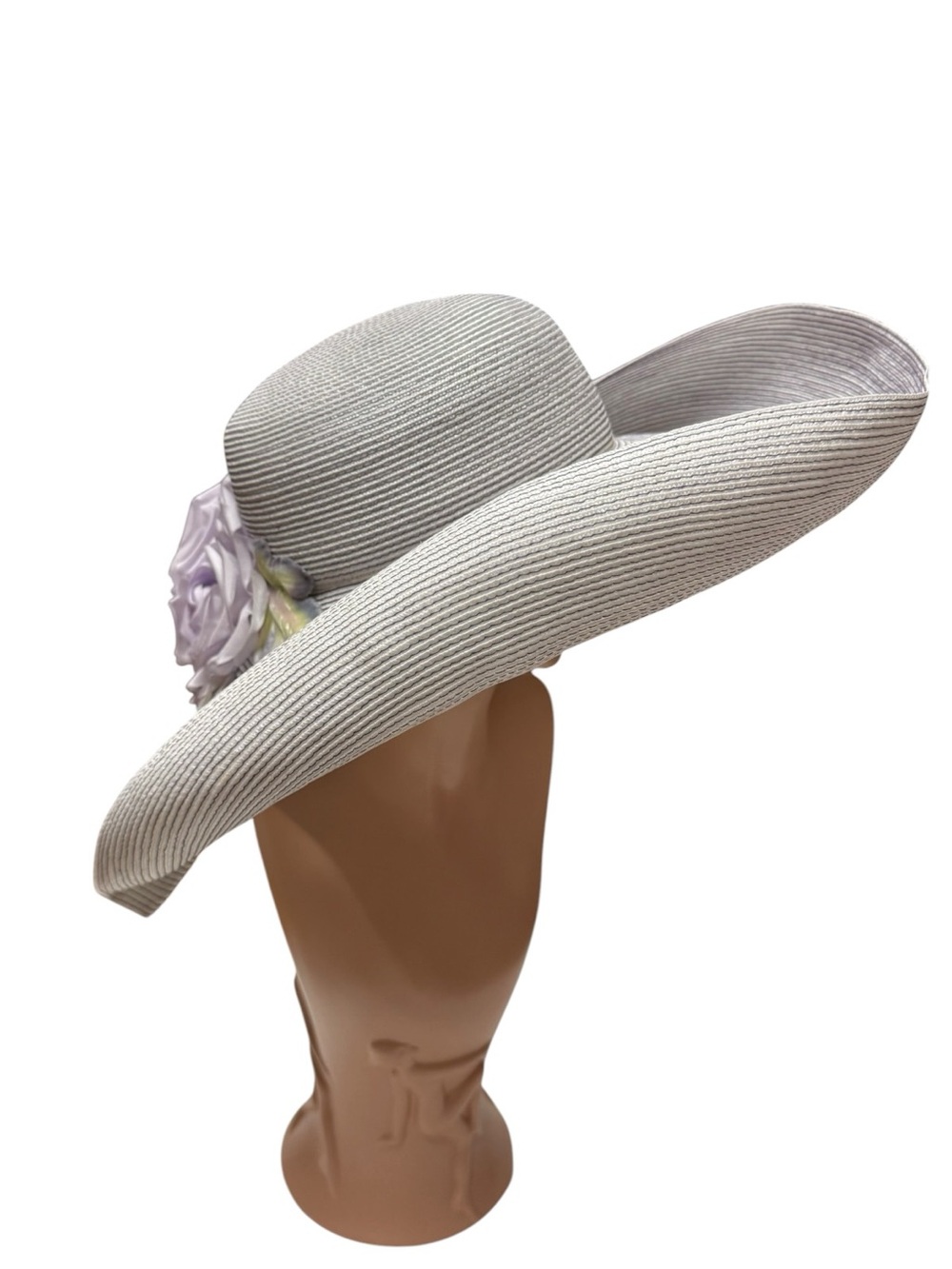 Vintage Eric Javits Wide-Brim Straw Sun Hat Lavender Rose Accent 18” - Picture 5 of 11